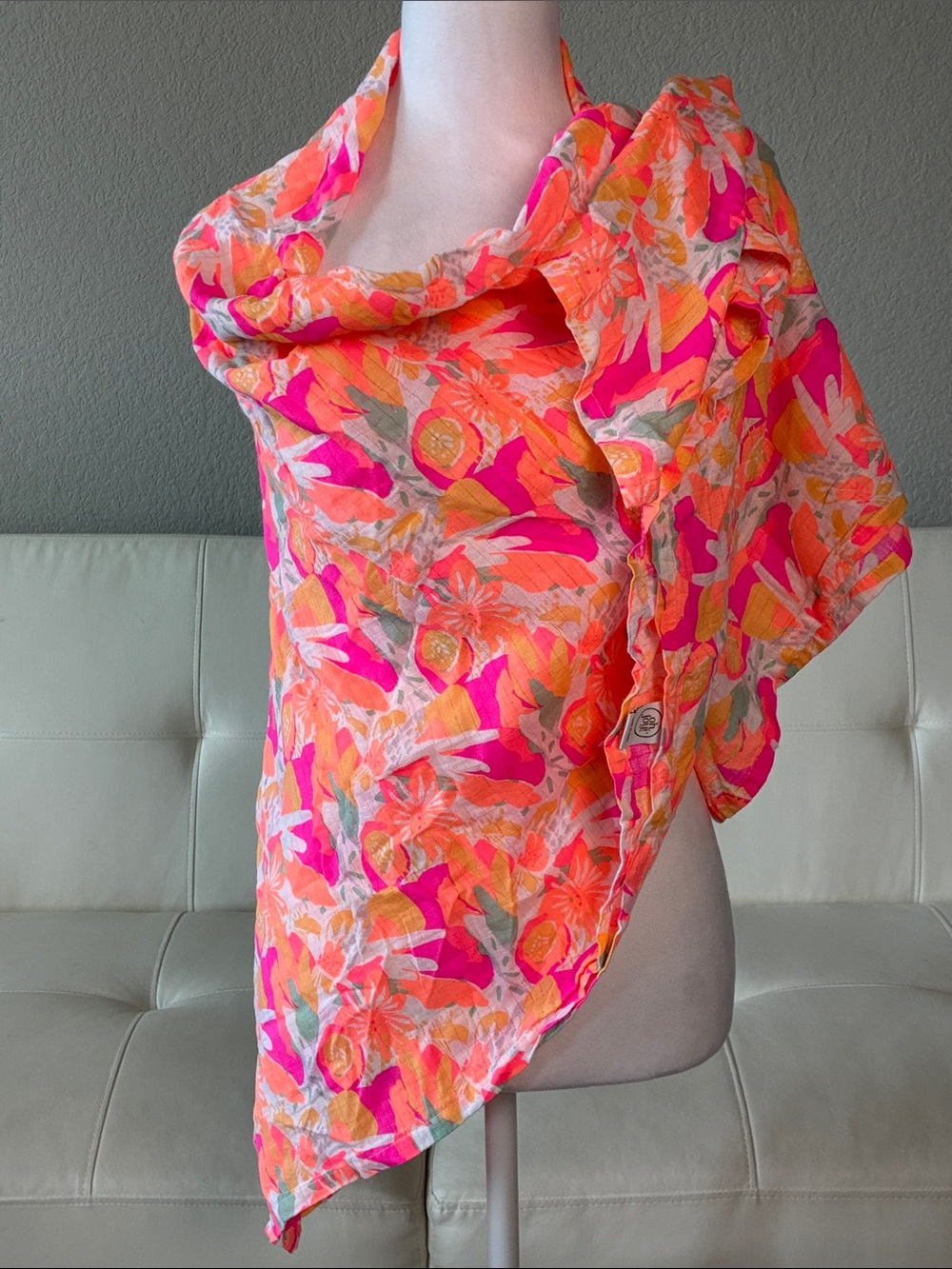 Bright Pink & Orange Lemon/Floral Wrap Scarf - Lightweight Summer Cotton Shawl